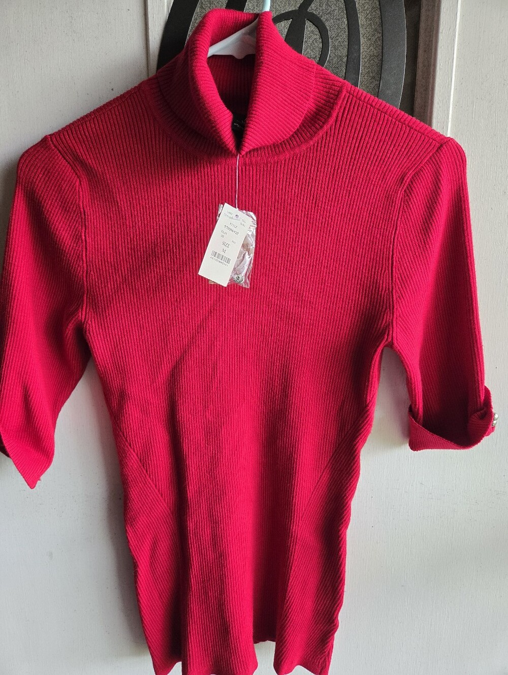 White House Black Market Women's Red Ribbed Funnel Neck Sweater NWT